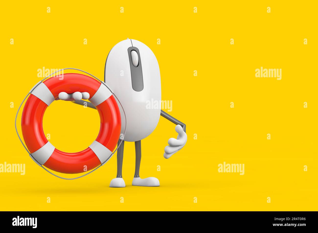 Computer Mouse Cartoon Person Character Mascot with Life Buoy on a yellow background. 3d Rendering Stock Photo