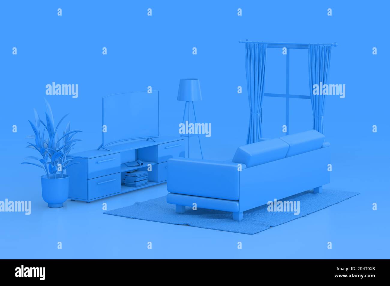 Blue Monochrome Duotone Room Modern Interior with Window, TV, Carpet and Sofa on a blue background. 3d Rendering Stock Photo