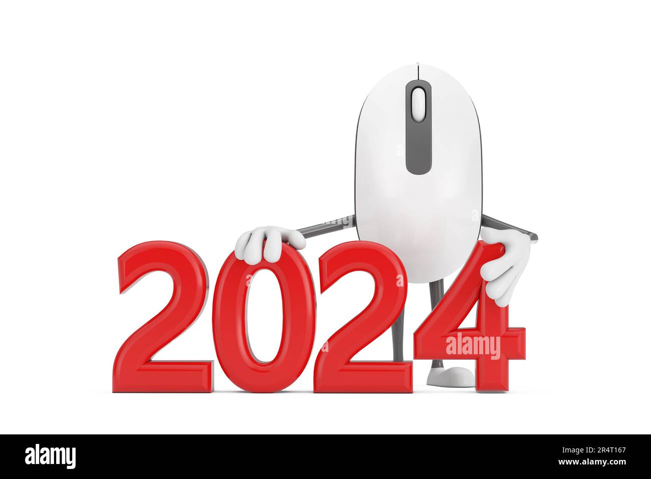 Computer Mouse Cartoon Person Character Mascot with Red 2024 New Year Sign on a white background. 3d Rendering Stock Photo