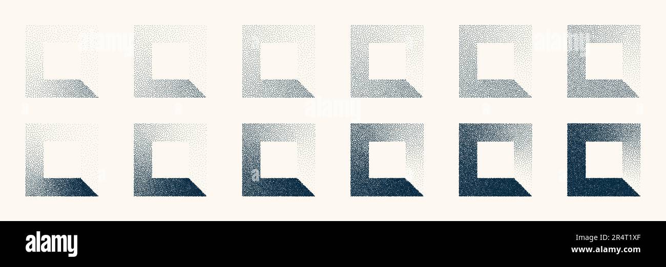Square shaped dotted objects, vintage stipple elements. Stippling, dotwork drawing shading using dots. Halftone disintegration effect. White noise Stock Vector