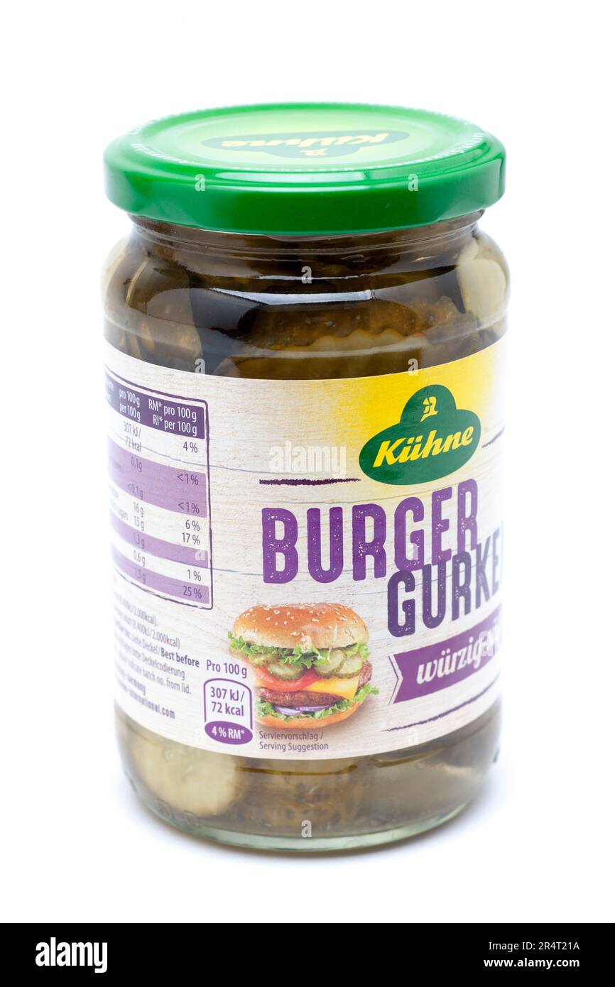 Jar of  Kuhne Burger Crinkle Cut Gherkins Stock Photo