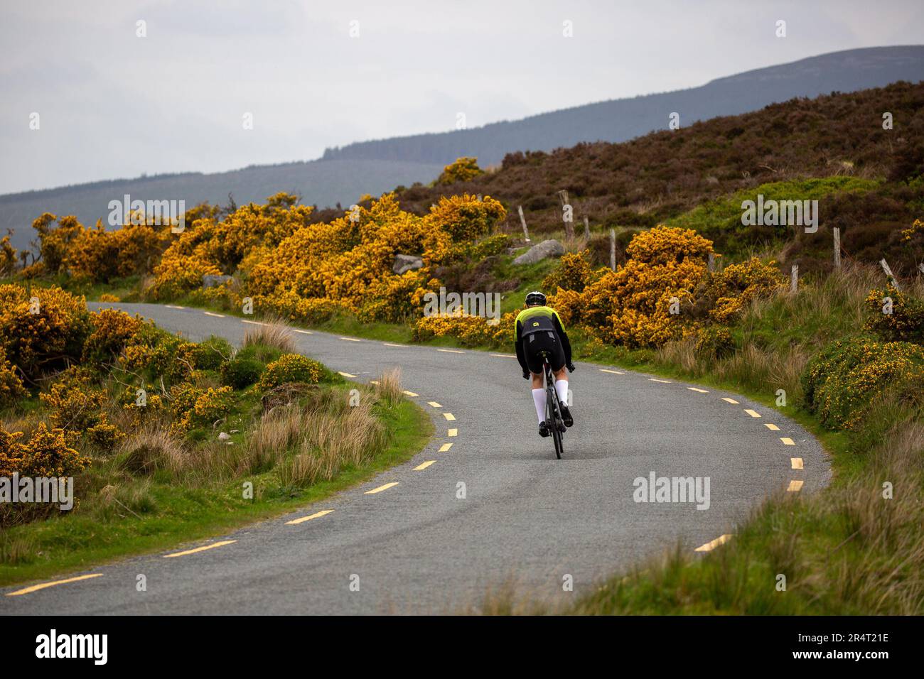 Rear view of a lone cyclist in the Wicklow Mountains on the road to Sally Gap Stock Photo