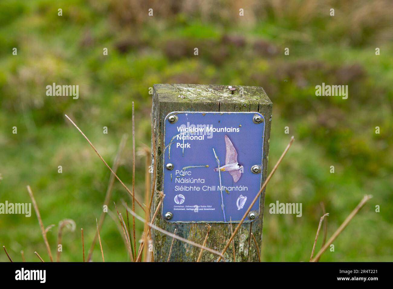Wicklow Mountains National Park sign on a post by the roadside Stock Photo