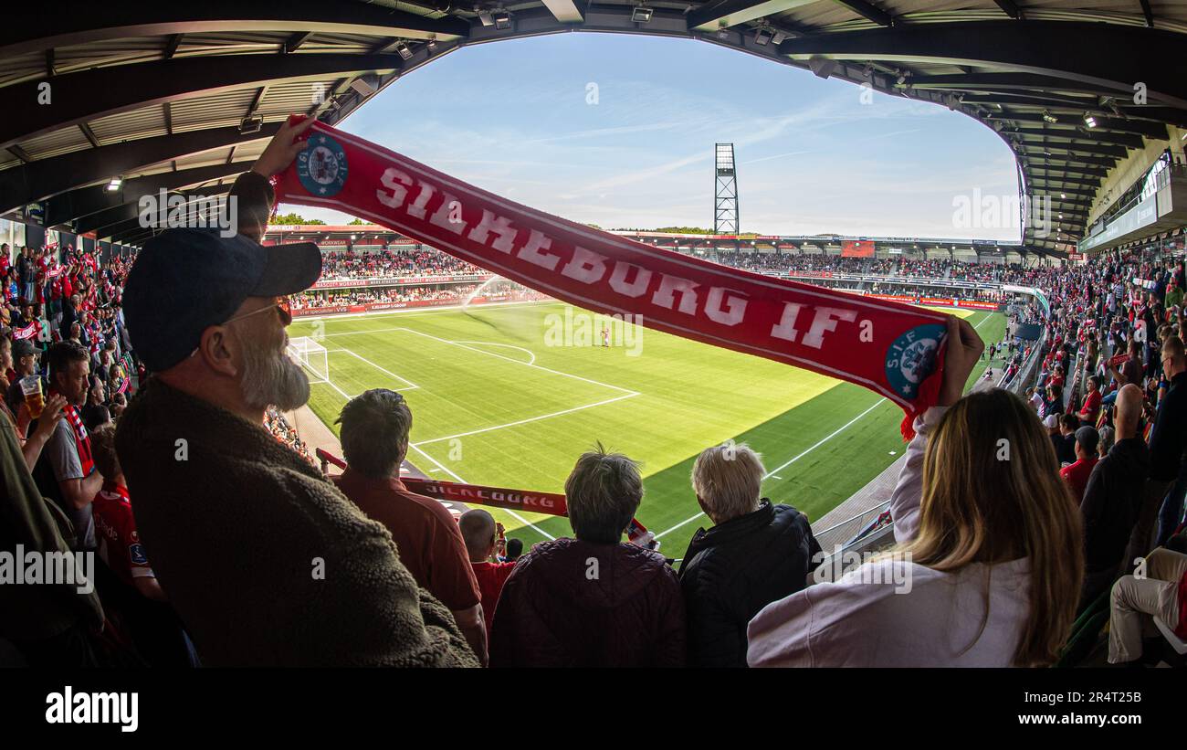 Silkeborg, Denmark. 29th May, 2023. Football fans of Silkeborg IF seen on the stands during the 3F Superliga match between Silkeborg IF and FC Midtjylland at Jysk Park in Silkeborg. (Photo Credit: Gonzales Photo/Alamy Live News Stock Photo