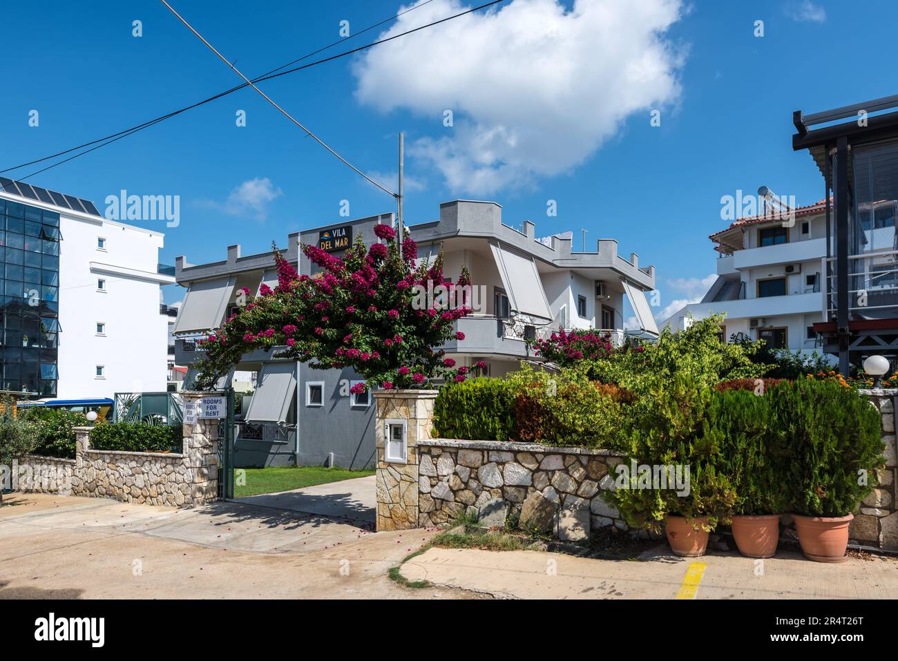 Ksamil, Albania - September 11, 2021: Hotel Vila Del Mar in the riviera of Southern Albania, and part of Butrint National Park, Ksamil. Stock Photo
