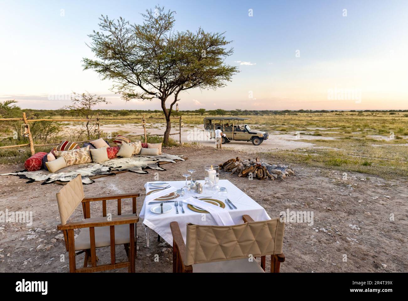Private Bush Dinner at Onguma Game Reserve, Namibia, Africa Stock Photo