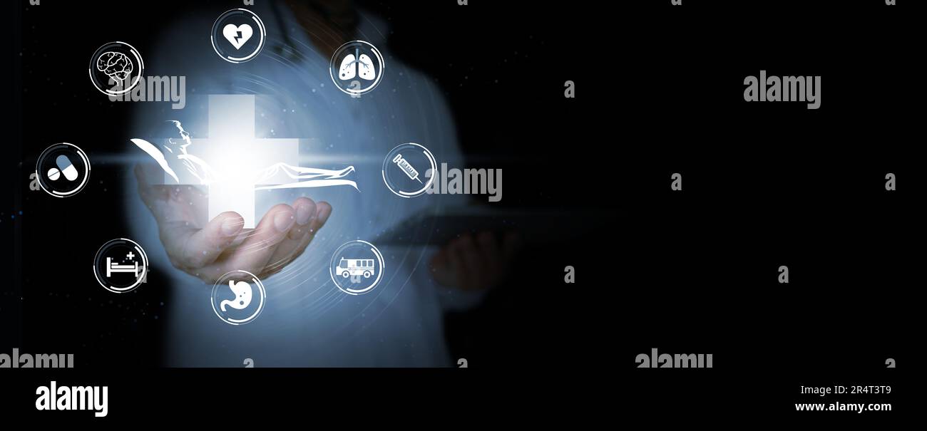 Patient-Centered or Person-Centered Approach: Hands of a Doctor Supporting a Patient on a Bed Surrounded with Medical and Healthcare Icons. Collaborat Stock Photo