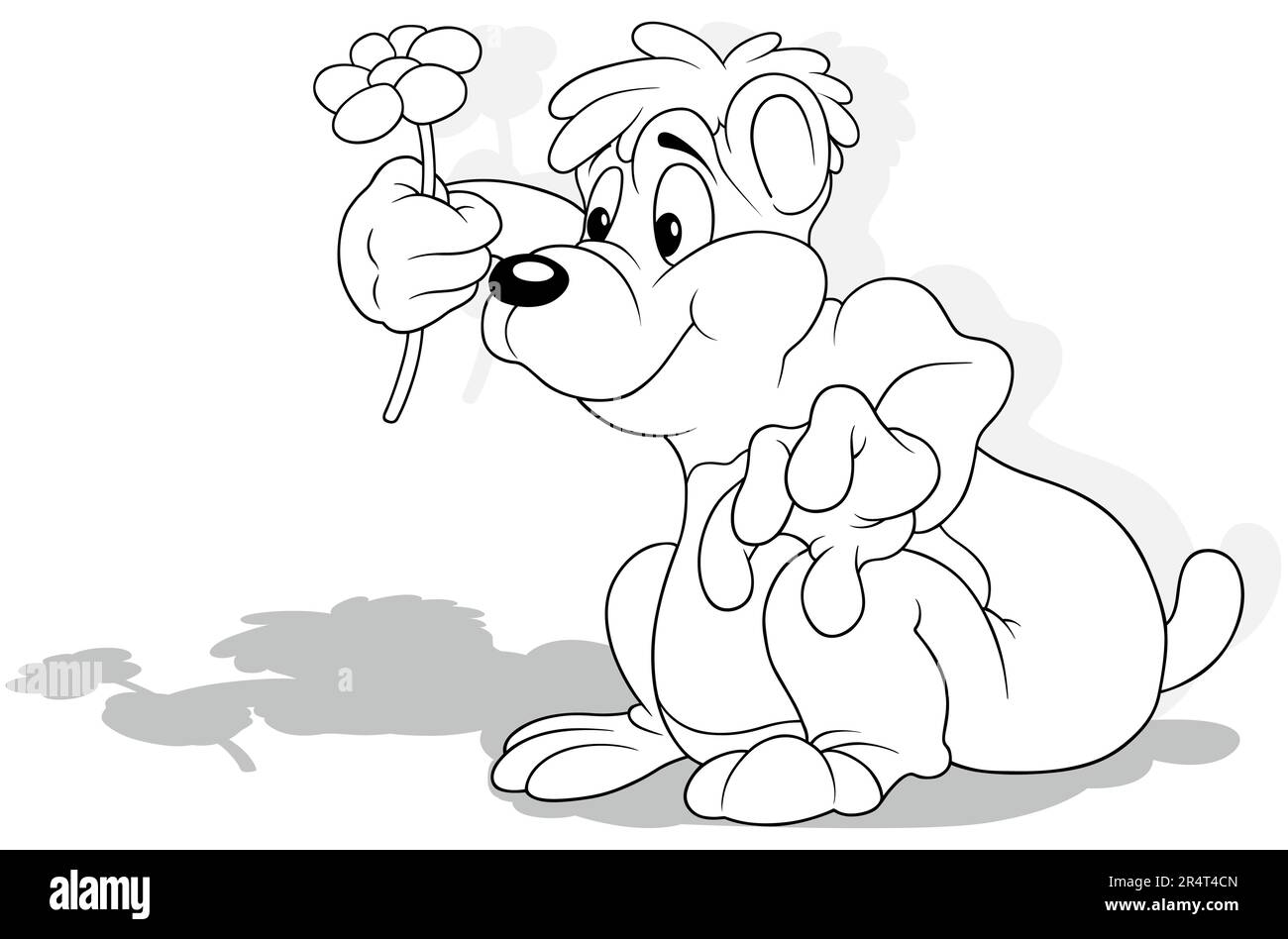 Drawing of a Cute Sitting Teddy Bear with a Flower Stock Vector