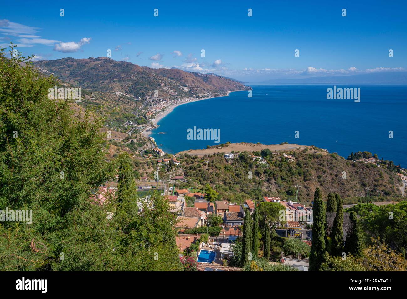View of the Ionian Sea beach resorts of Mazzeo and Letojanni, Taormina, Messina, Sicily, Italy, Europe Stock Photo