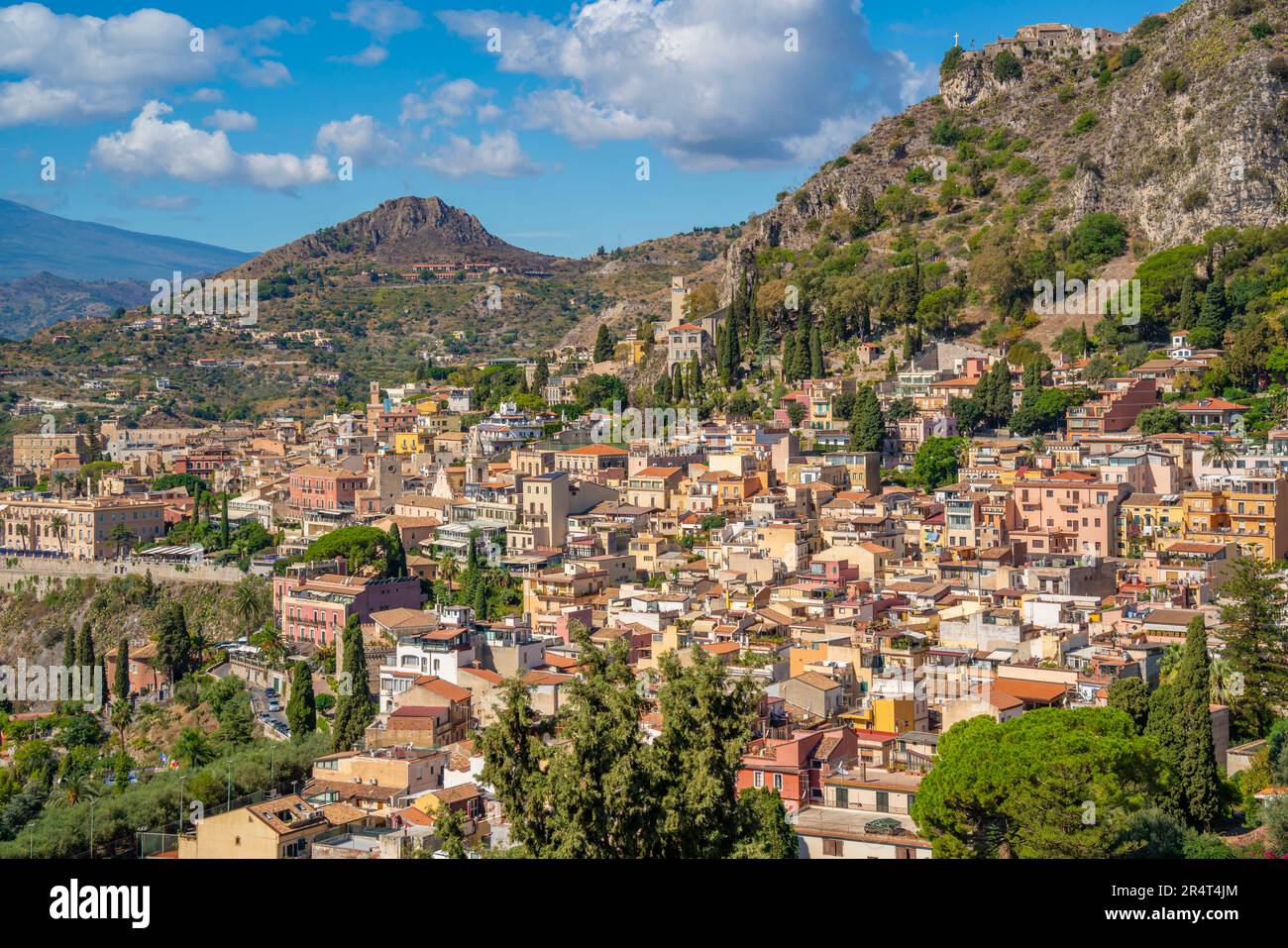 View of Taormina from the Greek Theatre, Taormina, Sicily, Italy, Europe Stock Photo