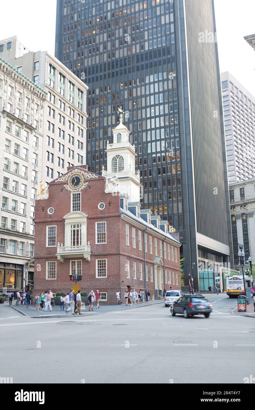 USA, Massachusetts, Boston, Old State House with skyscraper in background. Stock Photo