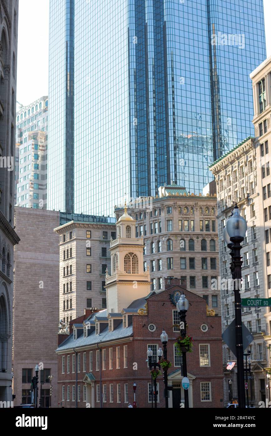 USA, Massachusetts, Boston, Old State House with John Hancock Tower  in background. Stock Photo