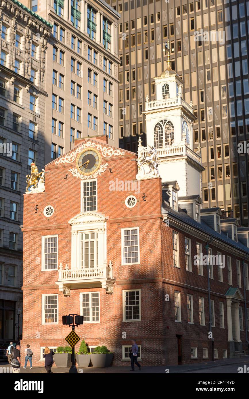USA, Massachusetts, Boston, Old State House with John Hancock building in background. Stock Photo