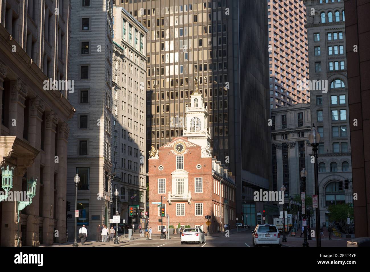 USA, Massachusetts, Boston, Old State House with John Hancock building in background. Stock Photo