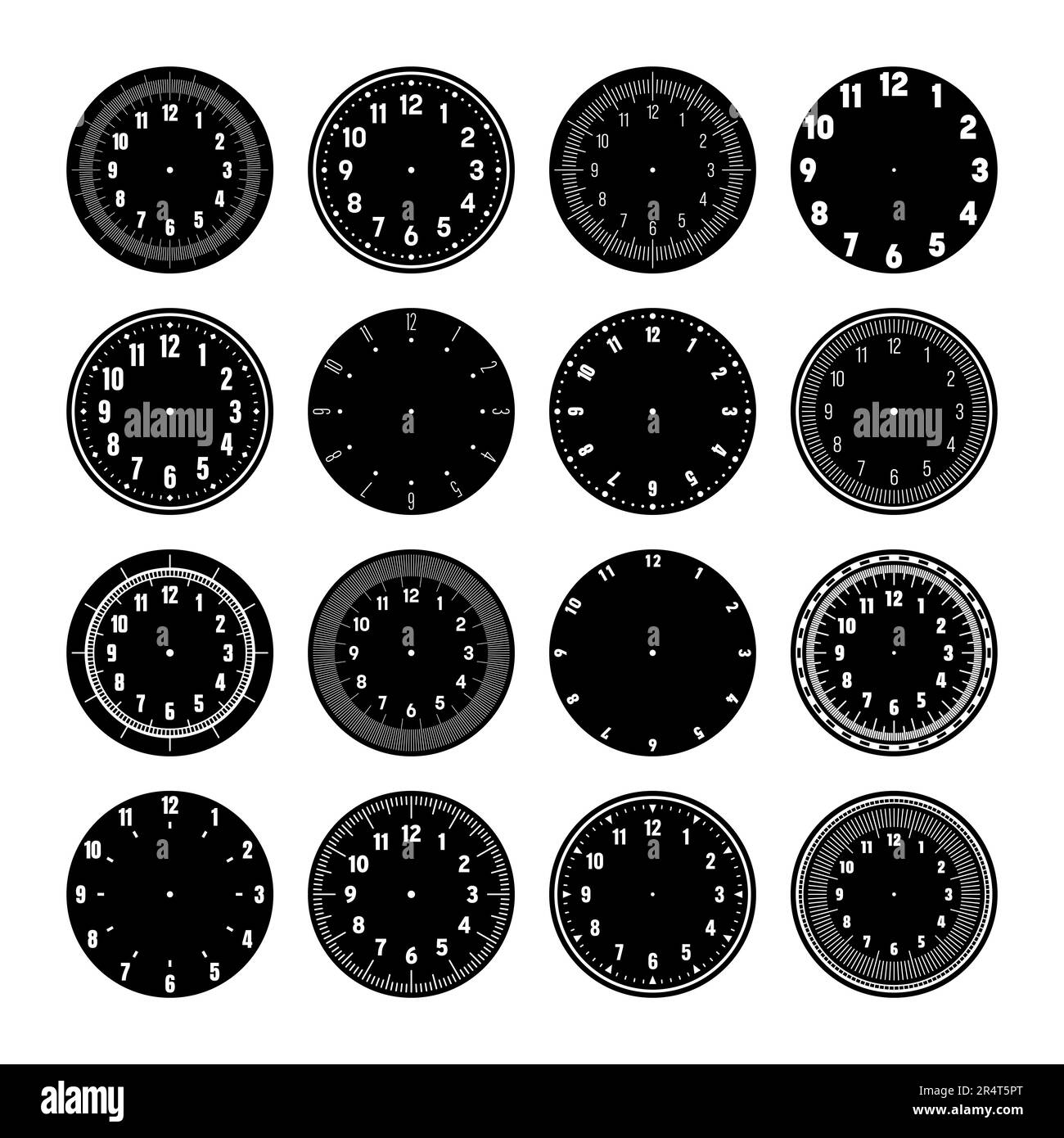 Mechanical clock faces, watch dial with numerals, bezel. Timer or stopwatch element with minute