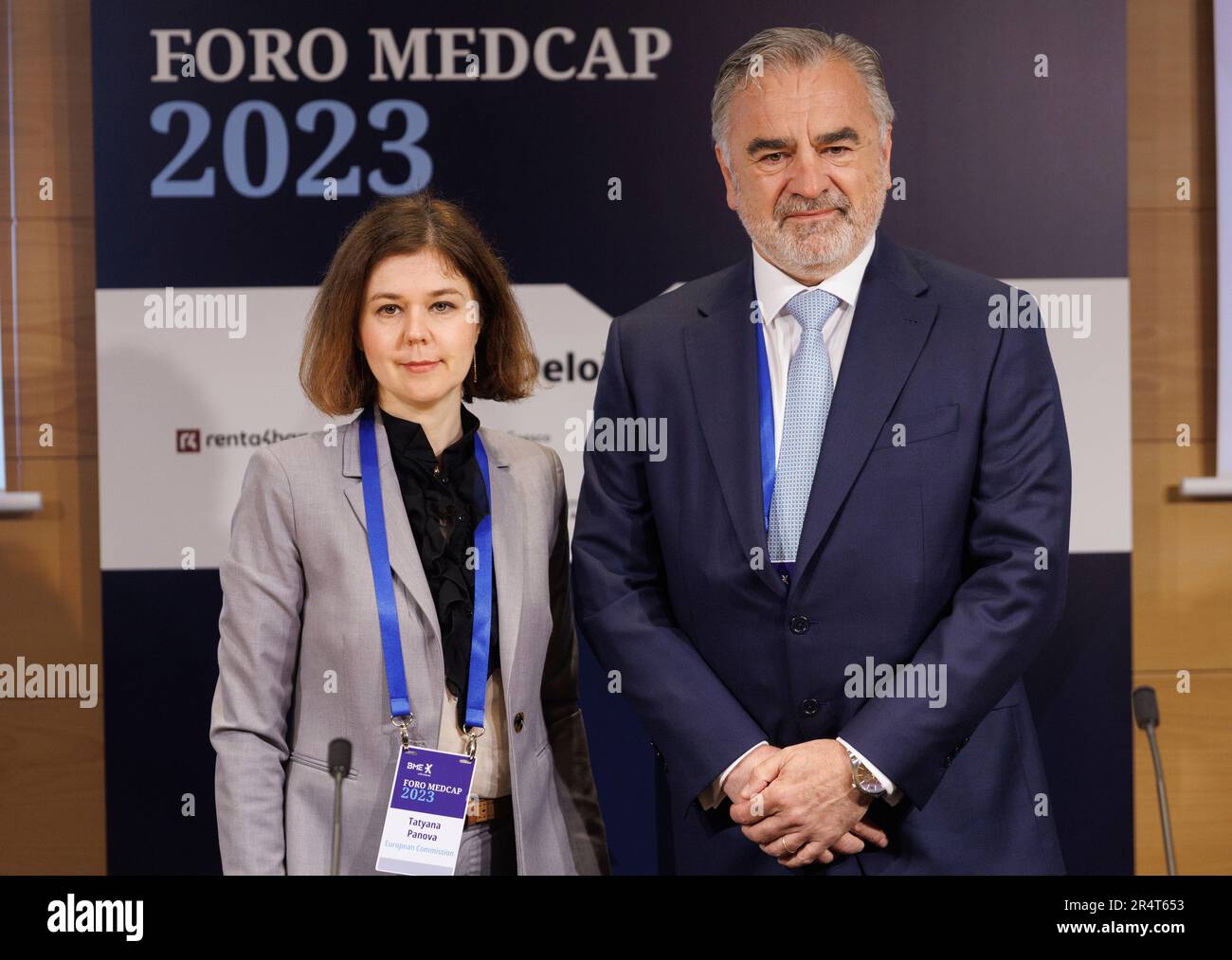 The head of the Capital Markets Union Unit at DG FISMA, Tatyana Panova, and  the CEO of BME, Javier Hernani, pose on their arrival at the 19th edition  of the Medcap Forum,