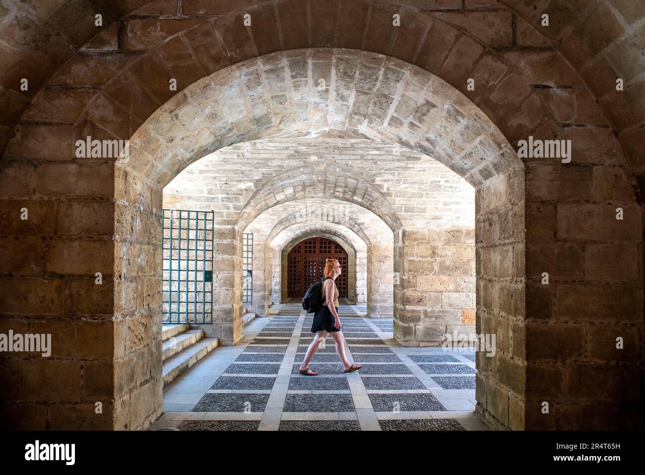 Historic hallway with bows in the basement of the walls named Passeig Dalt Murada next to the Royal Palace of la Almudaina.  The Royal Palace of La Al Stock Photo
