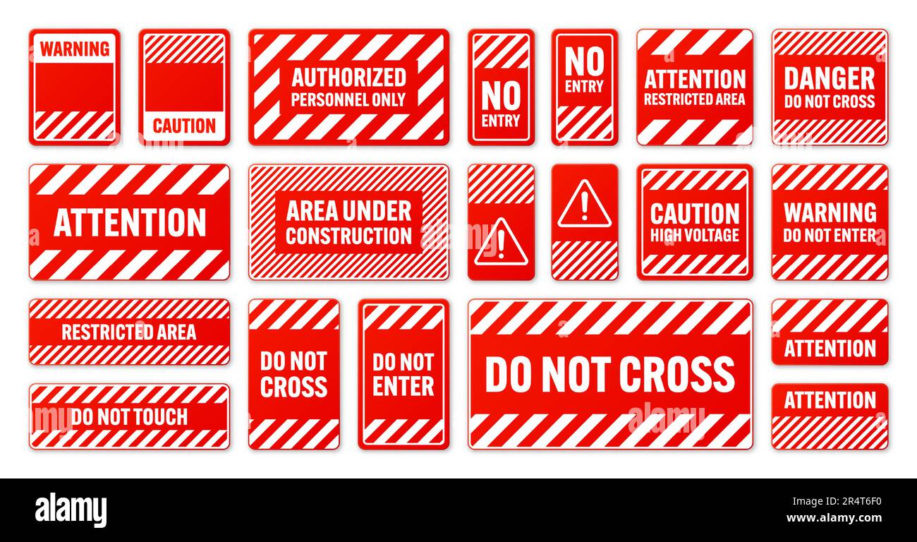 Various white and red warning signs with diagonal lines. Attention, danger or caution sign, construction site signage. Realistic notice signboard Stock Vector