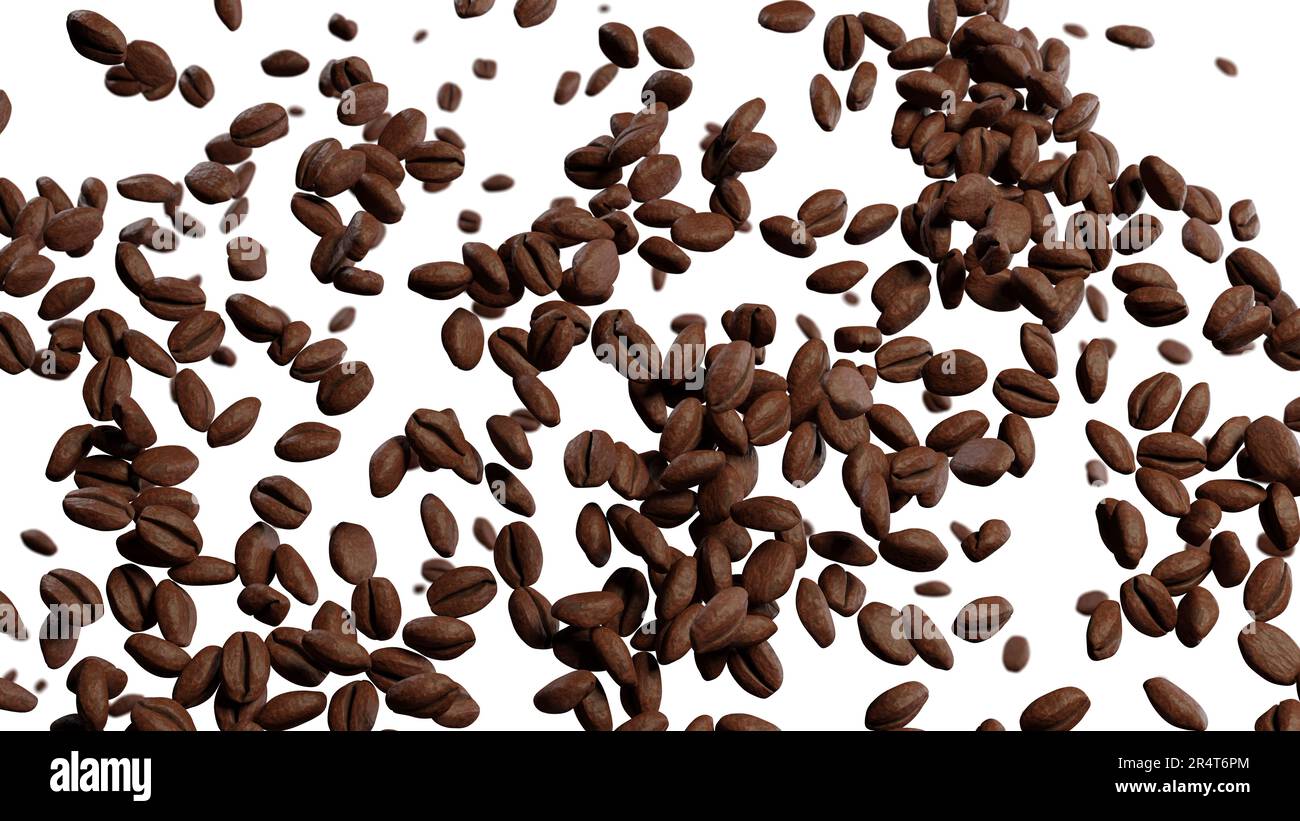 Coffee beans are falling on a white background. Roasted cocoa Beans. 3d