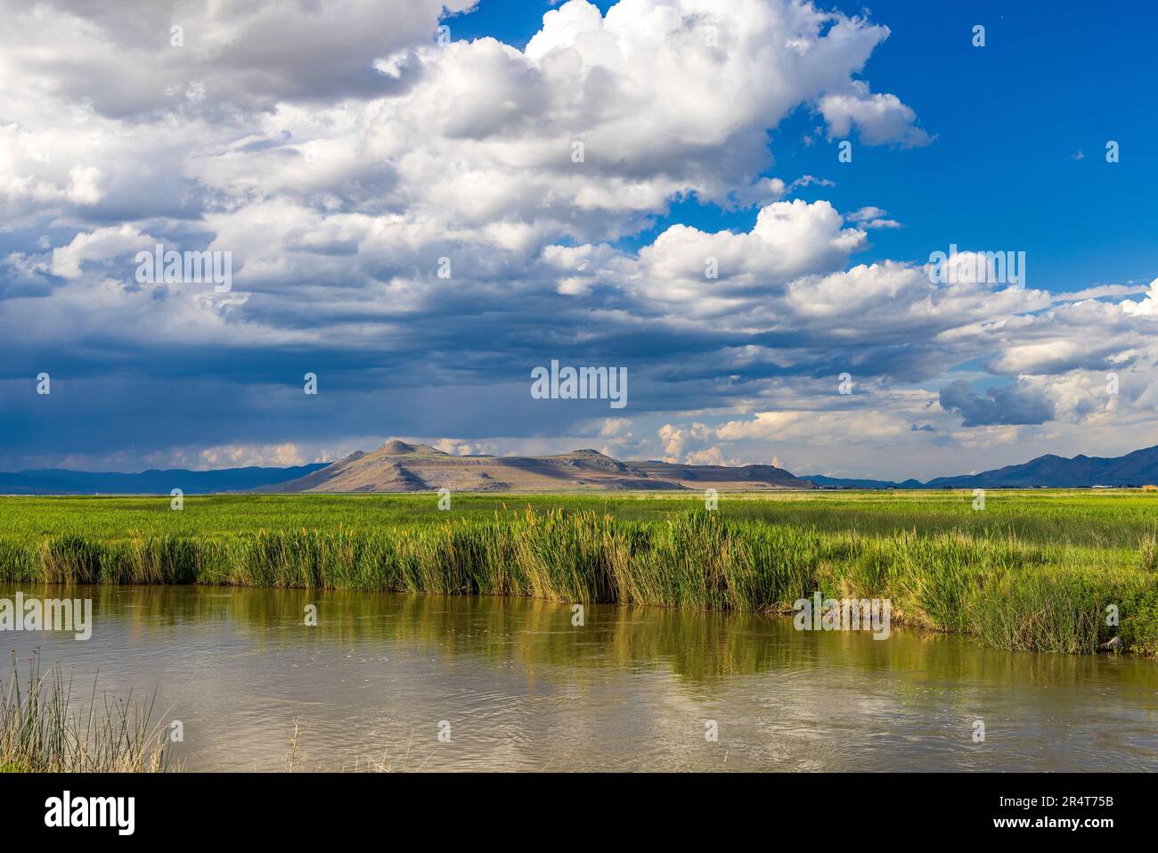 The clouds billow up and the Bear River flows around a curve at the
