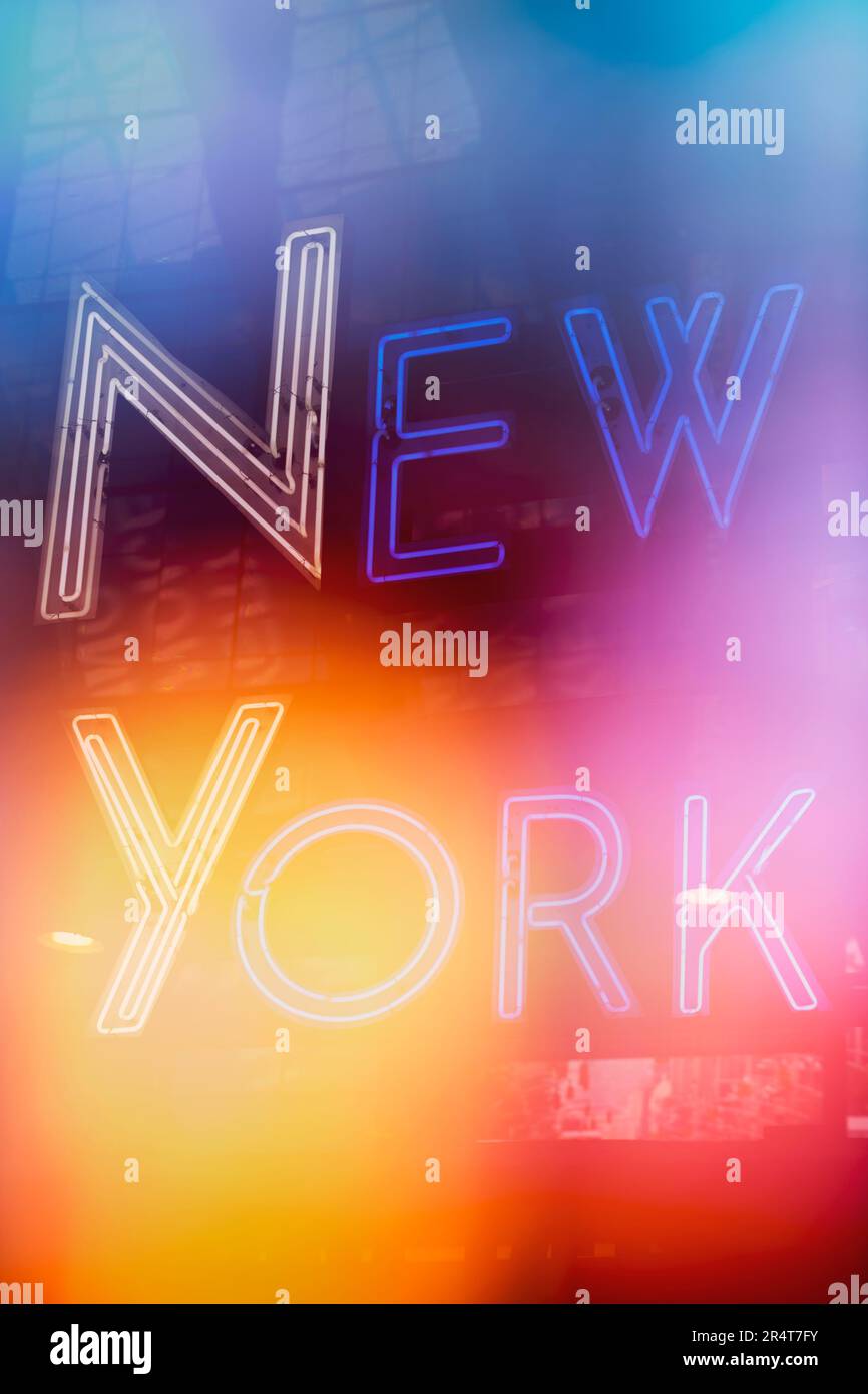 US, New York, Neon lights in Times square with words ‘New York’ Stock