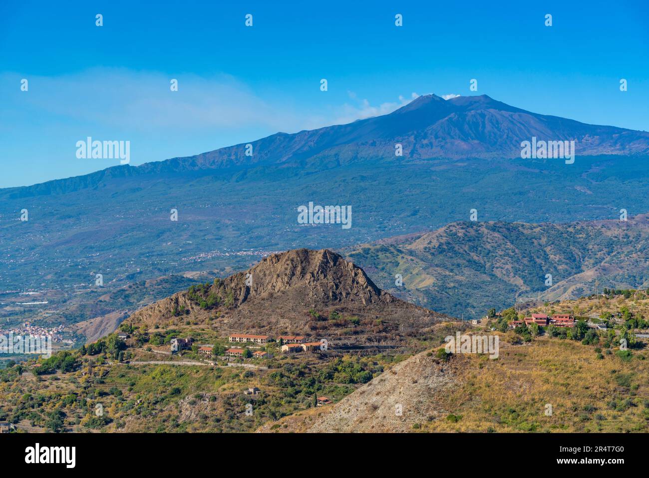 View of landscape with Mount Etna in background from Castelmola, Taormina, Sicily, Italy, Europe Stock Photo