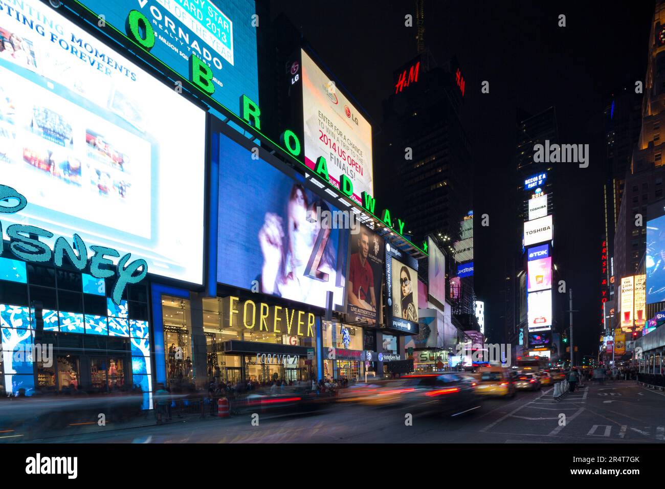 US, New York, Yellow cabs and neon billboards in times square Stock