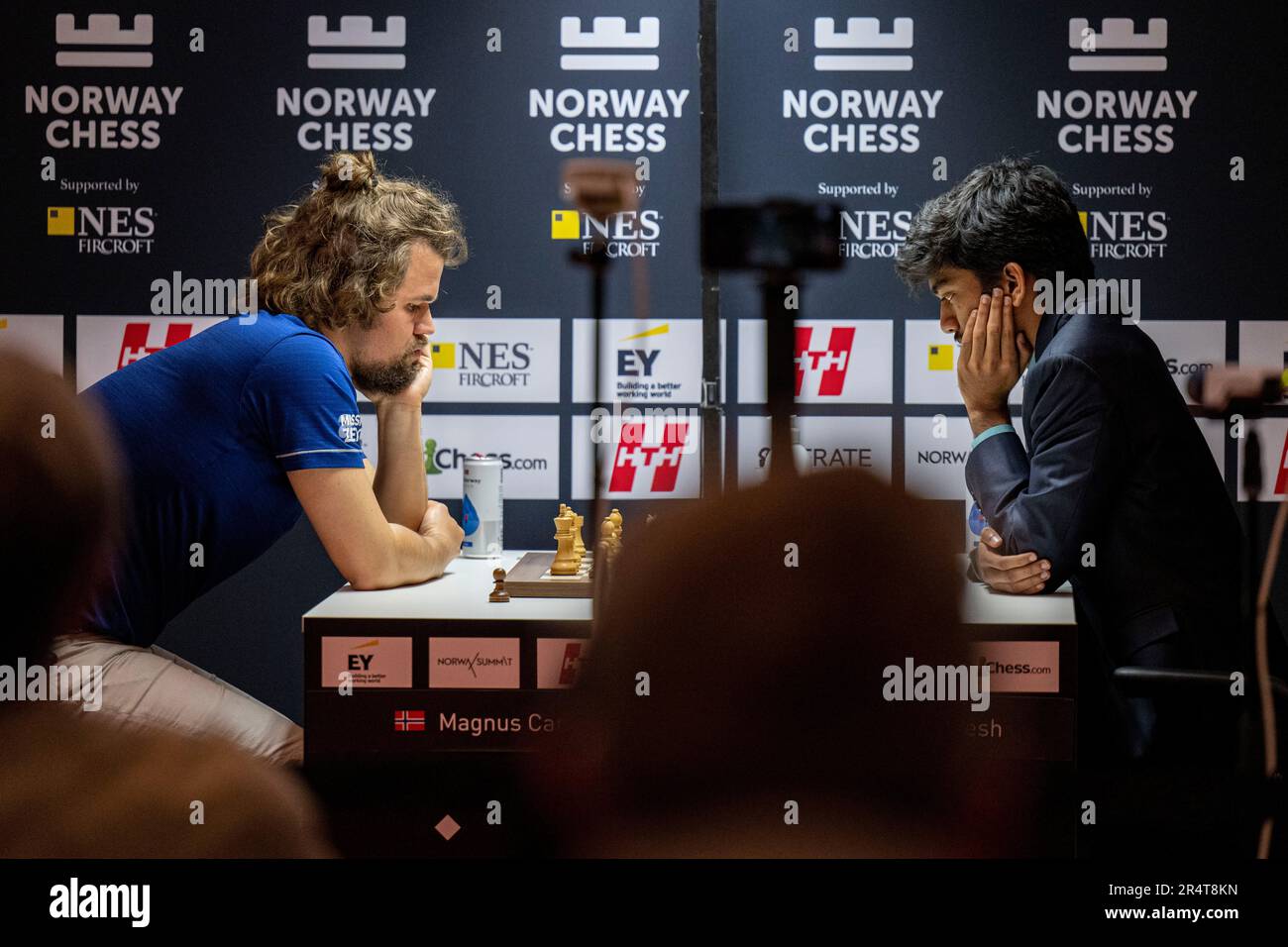 Stavanger 20230529.Magnus Carlsen plays blitz chess against Dommaraju Gukesh  during Norway Chess 2023 which is held in Finansparken in Stavanger. Photo:  Carina Johansen / NTB Stock Photo - Alamy