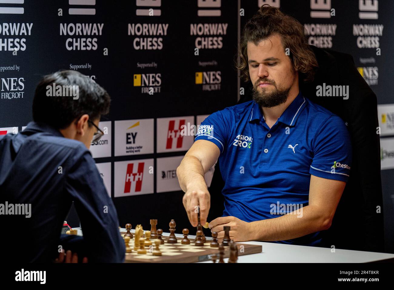 Stavanger 20230529.Magnus Carlsen plays blitz chess against Dommaraju Gukesh  during Norway Chess 2023 which is held in Finansparken in Stavanger. Photo:  Carina Johansen / NTB Stock Photo - Alamy