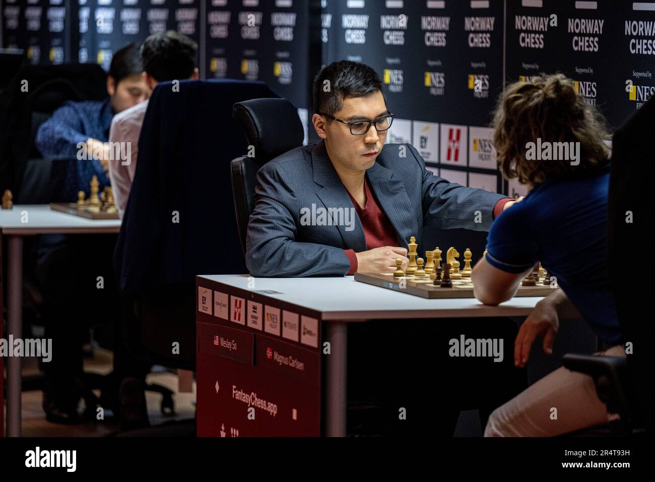 Stavanger 20230529.Magnus Carlsen plays blitz chess against Dommaraju Gukesh  during Norway Chess 2023 which is held in Finansparken in Stavanger. Photo:  Carina Johansen / NTB Stock Photo - Alamy