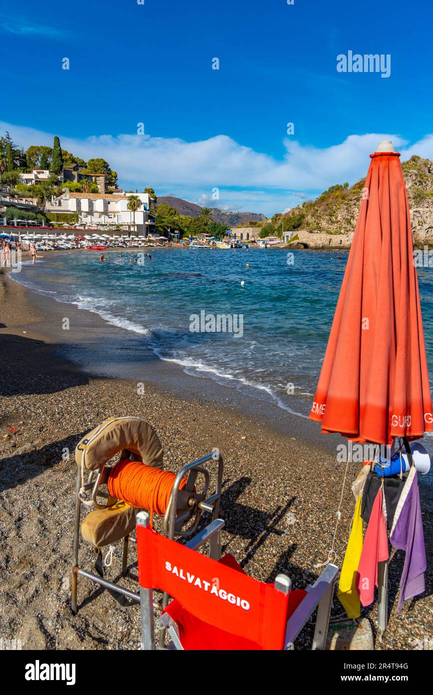 View of Mazzaro beach on sunny day, Mazzaro, Taormina, Sicily, Italy, Europe Stock Photo