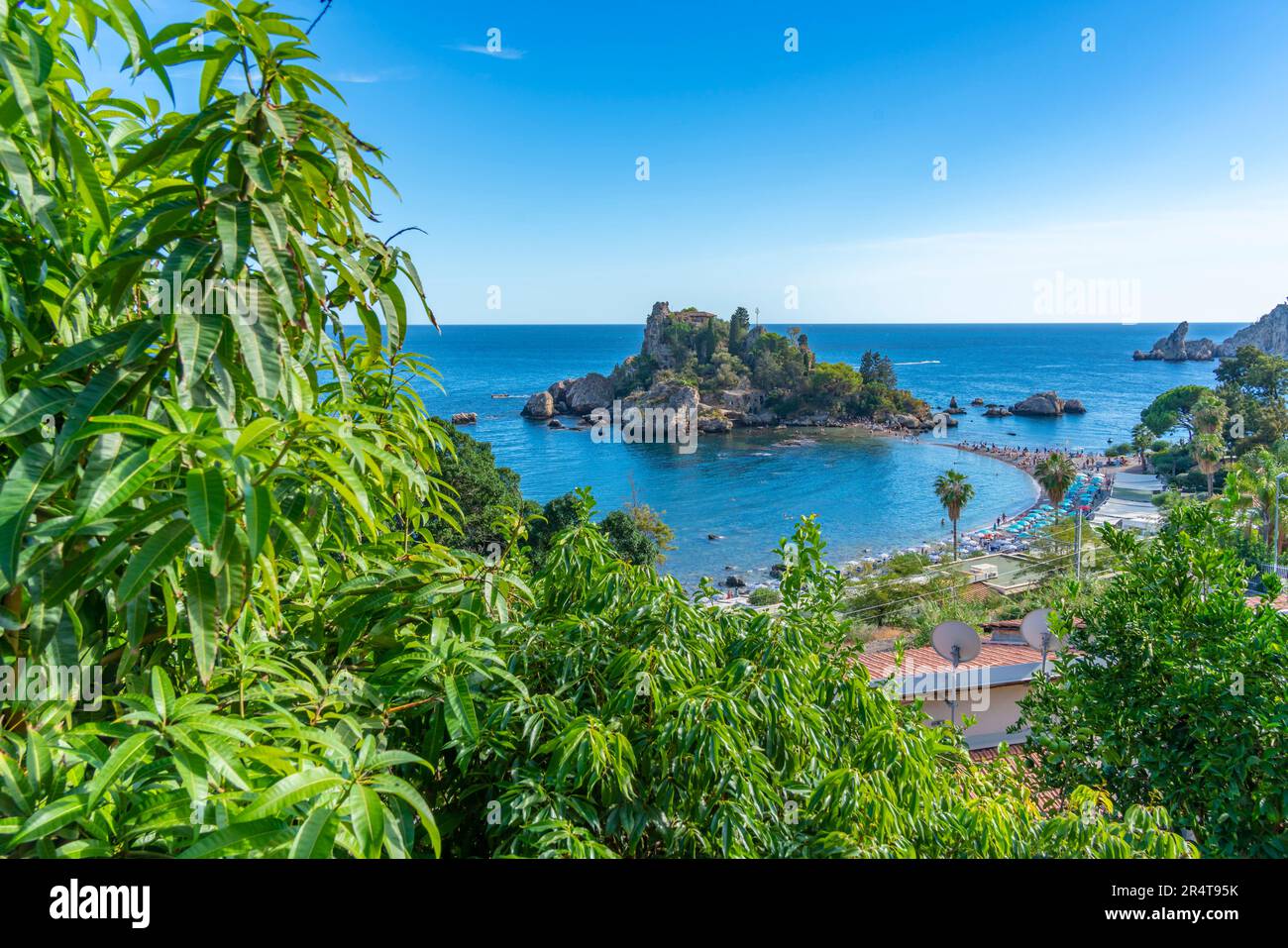 View of Isola Bella and beach on sunny day, Mazzaro, Taormina, Sicily, Italy, Europe Stock Photo