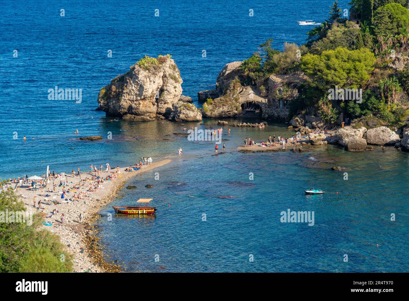 View of Isola Bella and beach on sunny day, Mazzaro, Taormina, Sicily, Italy, Europe Stock Photo