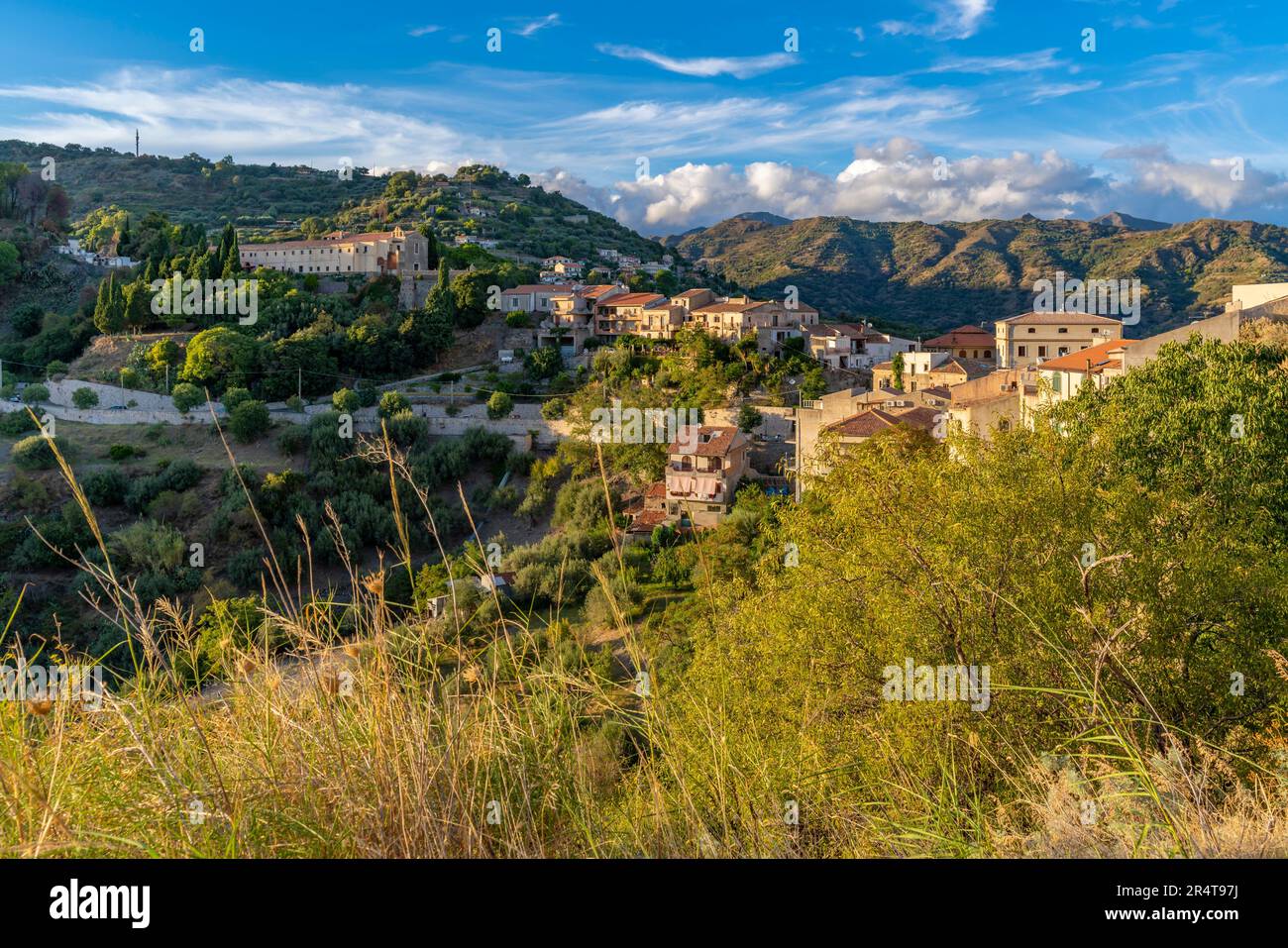 View of town of Savoca at sunset, Savoca, Messina, Sicily, Italy, Europe Stock Photo