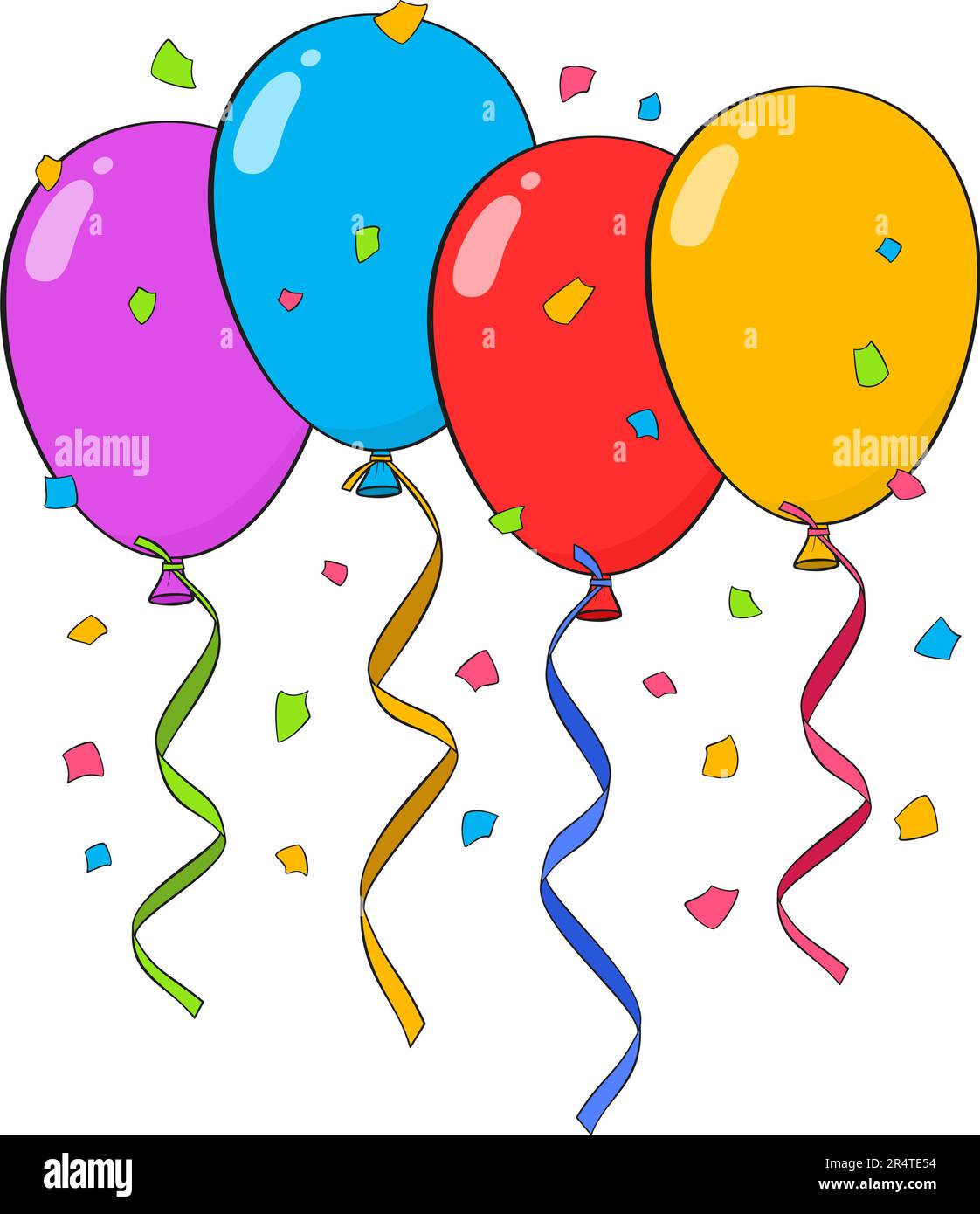 Colorful balloons with ribbons and confetti. Cartoon. Vector illustration. Isolated on white