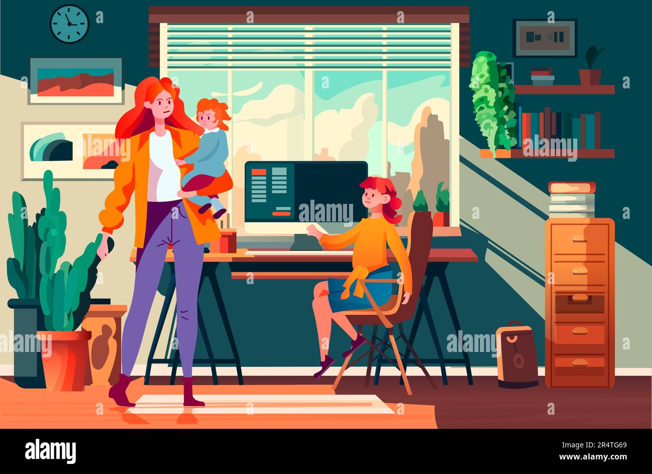 mother help children with lessons happy family doing homework teaching ...