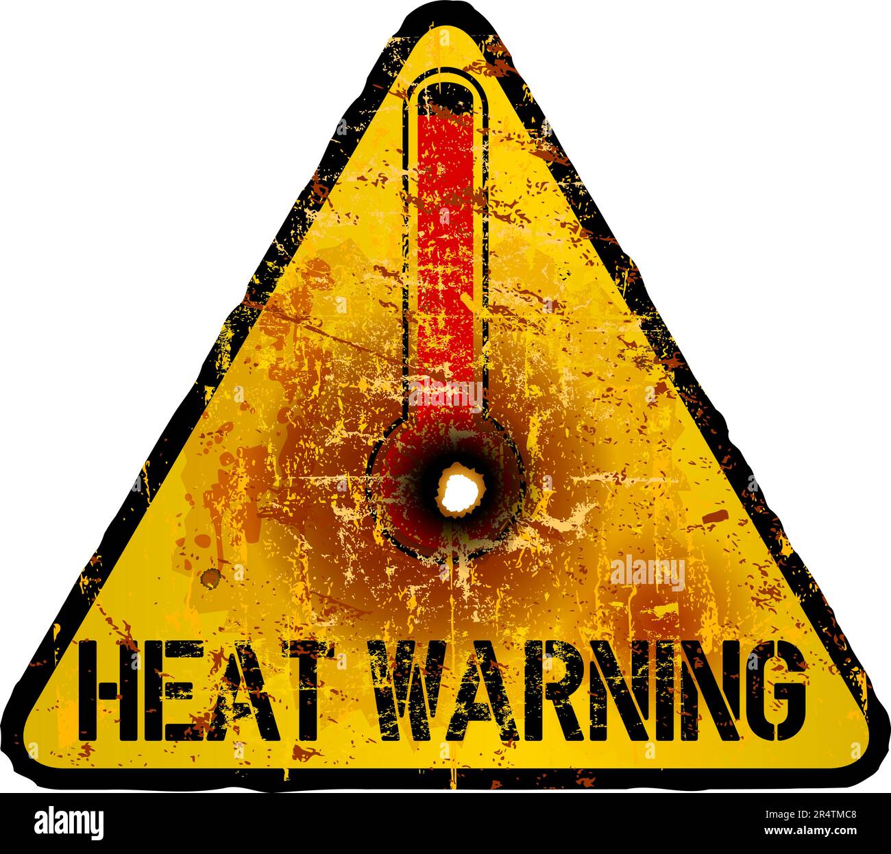 Heat warning sign with thermometer, grungy sytyle vector illustration