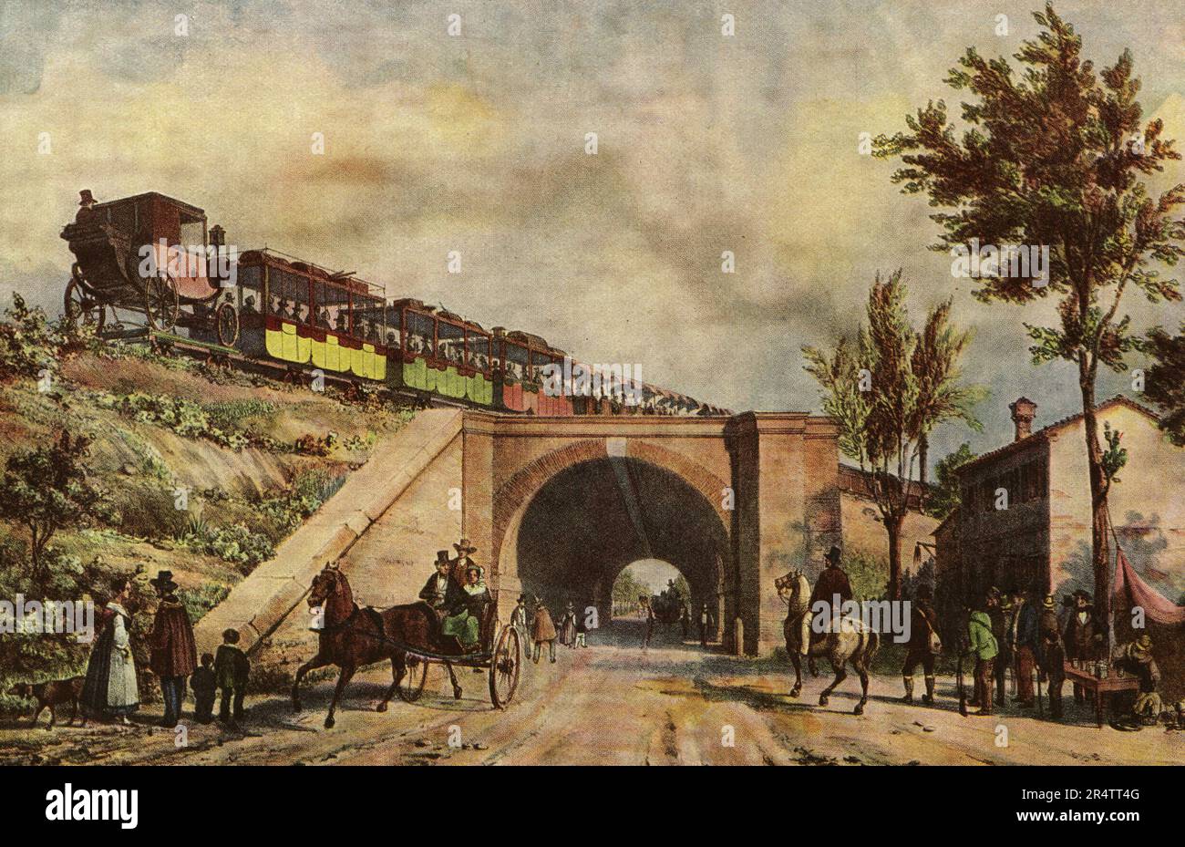 Milan-Venice railway line at Brenta Bridge in the tract Padua-Mestre,illustration, Italy 1850s Stock Photo