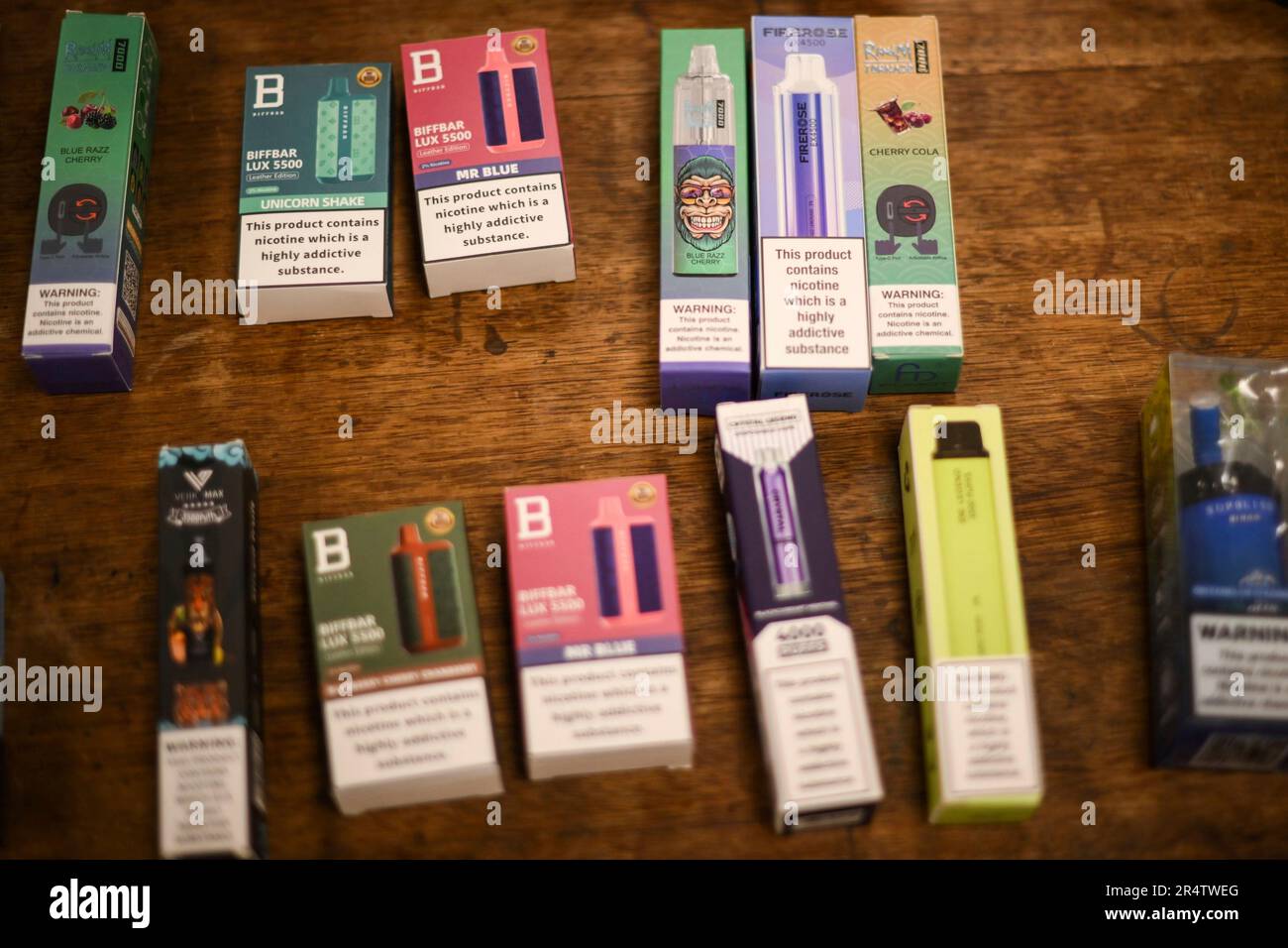 Electronic vaping devices displayed on a table as Britain's Prime