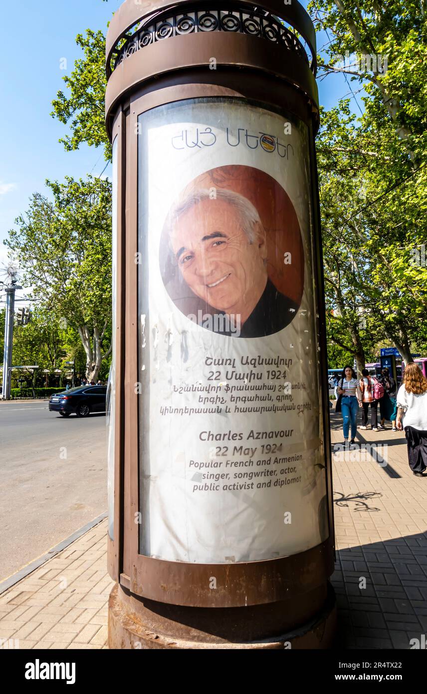 Charles Aznavour Armenian - French singer, lyricist commemorative stand, street tube, Yerevan Armenia Stock Photo