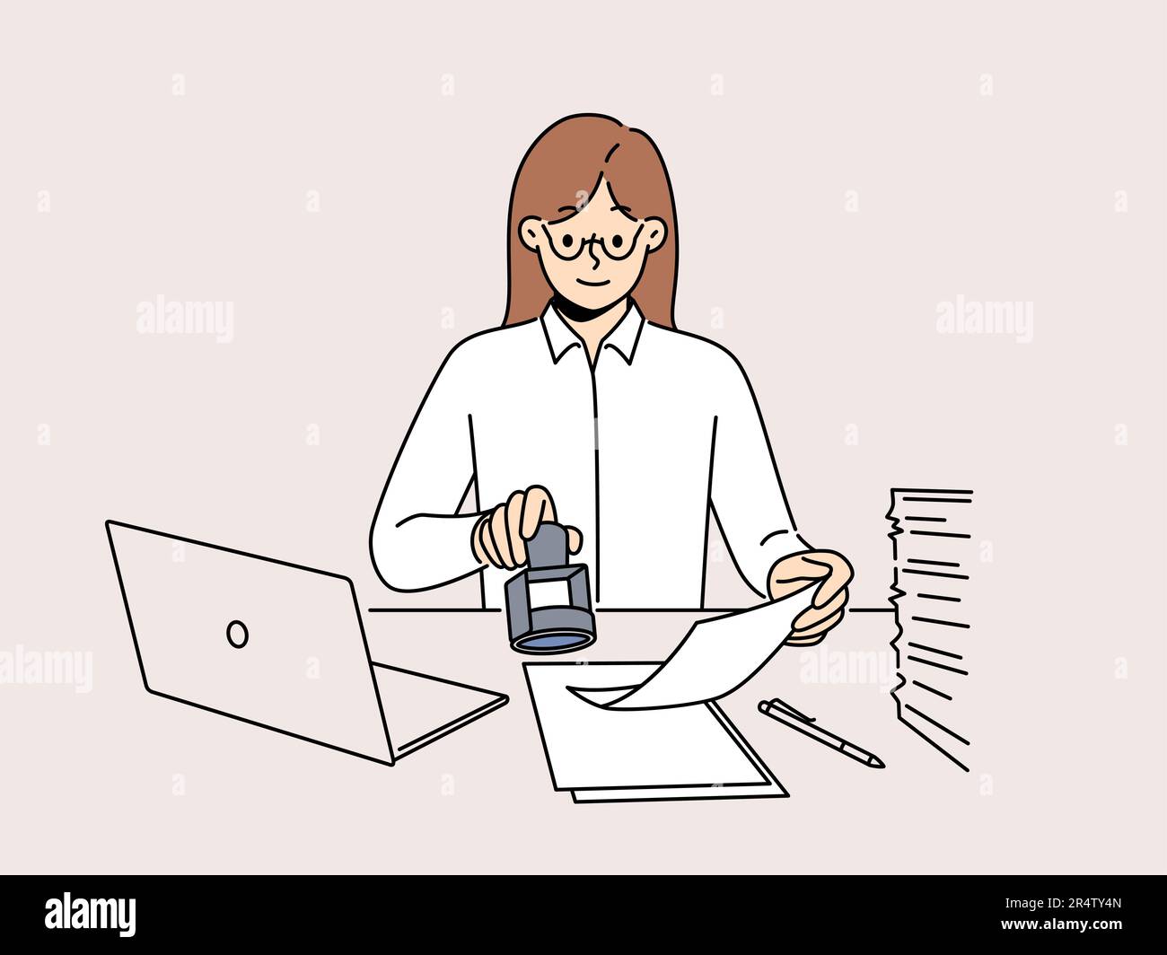 Confident businesswoman sit at desk work on computer stamp documents