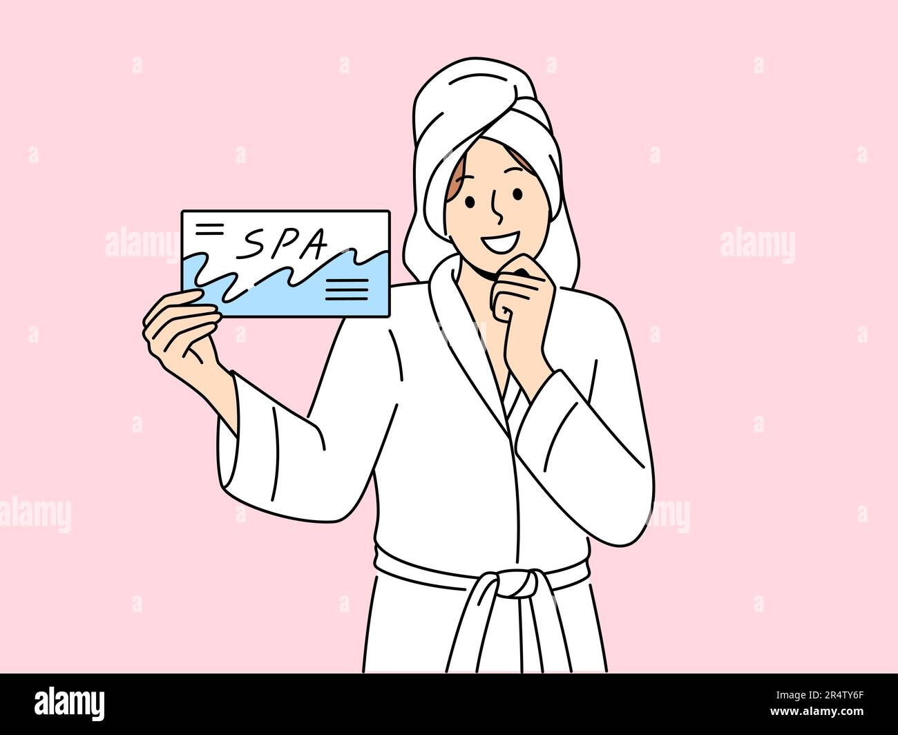 Smiling woman in bathrobe and towel on head holding spa center