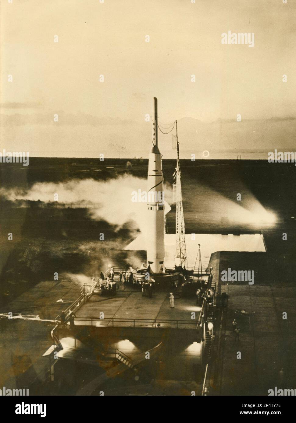 US Air Force expendable launch system and sounding rocket Thor-Able being tested at Cape Canaveral, USA 1958 Stock Photo