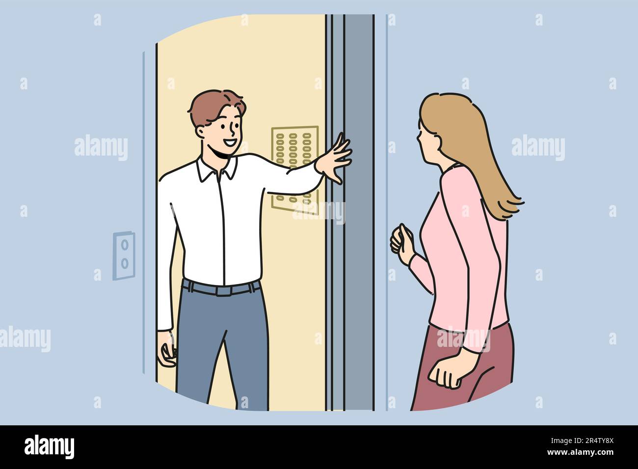 Smiling man holding lift doors to neighbor. Happy male hold elevator to