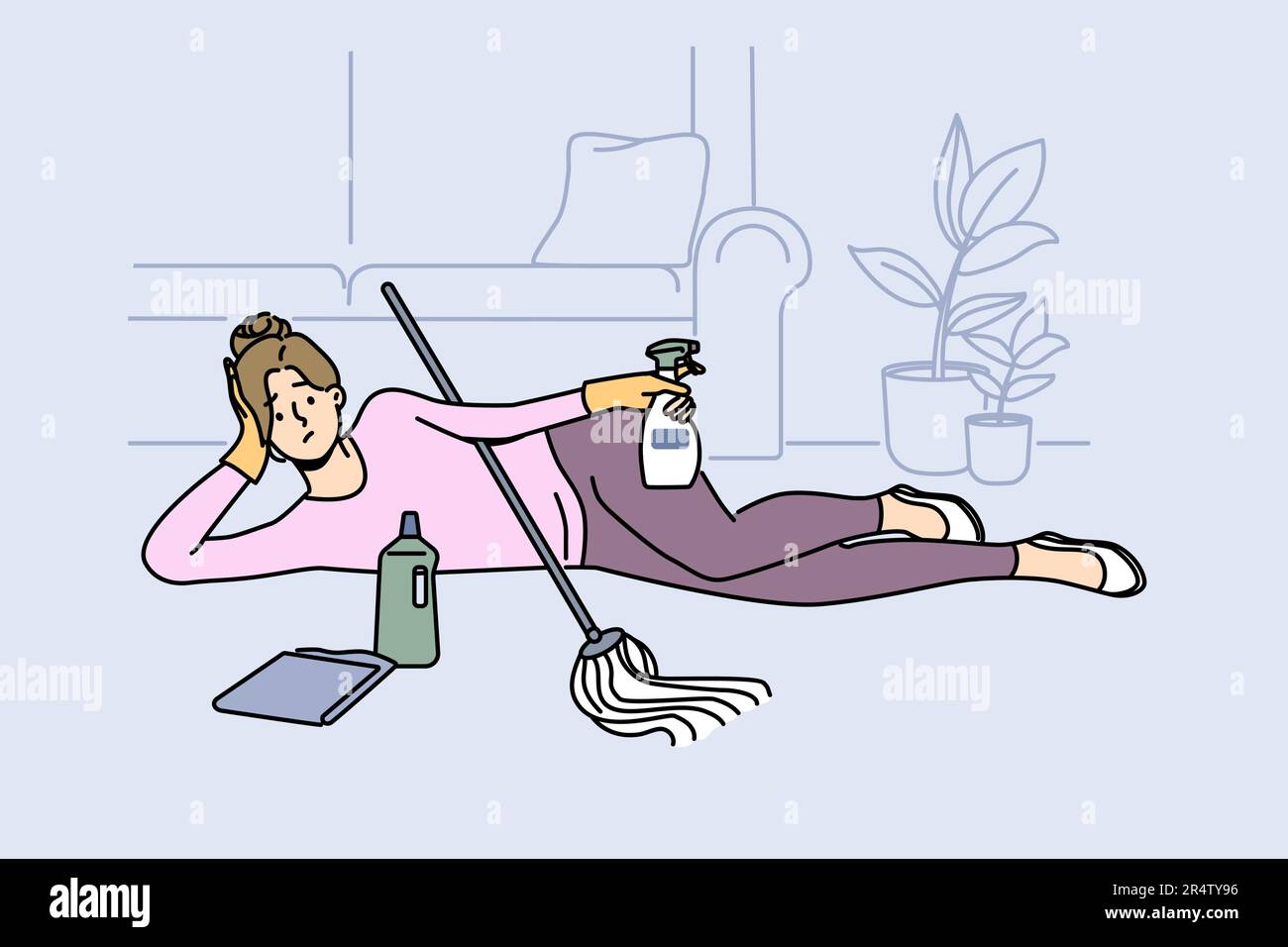 Tired housewife lying on home floor exhausted with cleaning and washing