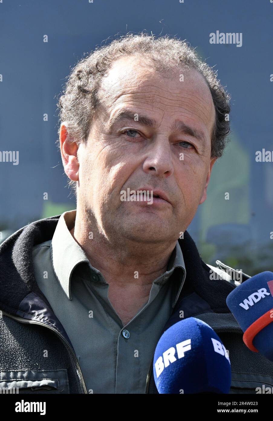 Rene Dahmen, head of cantonment DNF Elsenborn pictured during a press conference regarding the fire in the Hautes Fagnes between Ternell and Mutzenich, near the Belgian-German border, Tuesday 30 May 2023. More than 170 hectares of vegetation have already gone up in flames. The fire that was reportedly caused by humans started Monday evening and is still not under control. Belgian firefighters are being assisted by German colleagues and civil protection. They are equipped with a drone to monitor the area and the spread of the flames, a firefighting helicopter is expected to intervene later in t Stock Photo