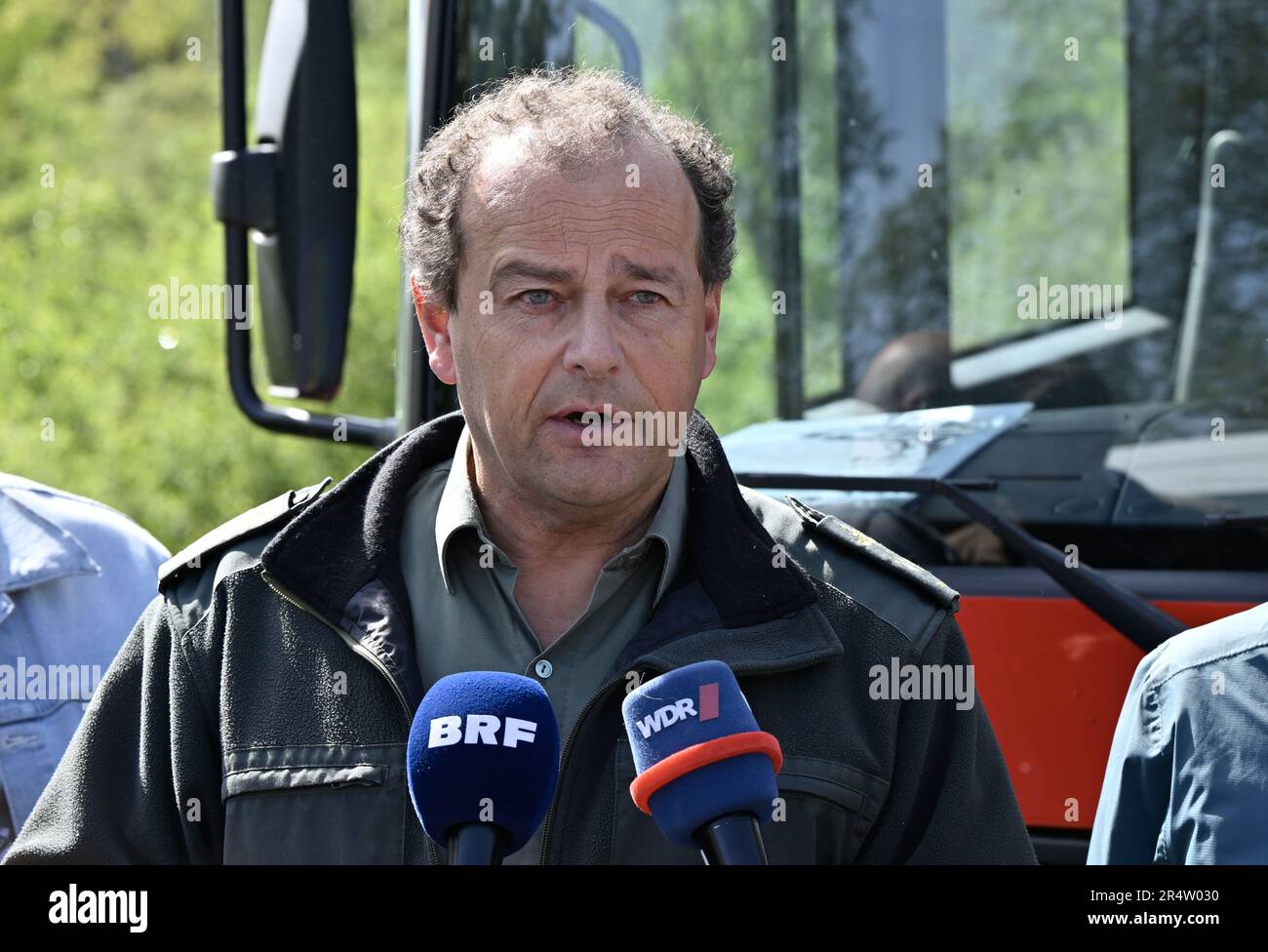 Rene Dahmen, head of cantonment DNF Elsenborn pictured during a press conference regarding the fire in the Hautes Fagnes between Ternell and Mutzenich, near the Belgian-German border, Tuesday 30 May 2023. More than 170 hectares of vegetation have already gone up in flames. The fire that was reportedly caused by humans started Monday evening and is still not under control. Belgian firefighters are being assisted by German colleagues and civil protection. They are equipped with a drone to monitor the area and the spread of the flames, a firefighting helicopter is expected to intervene later in t Stock Photo
