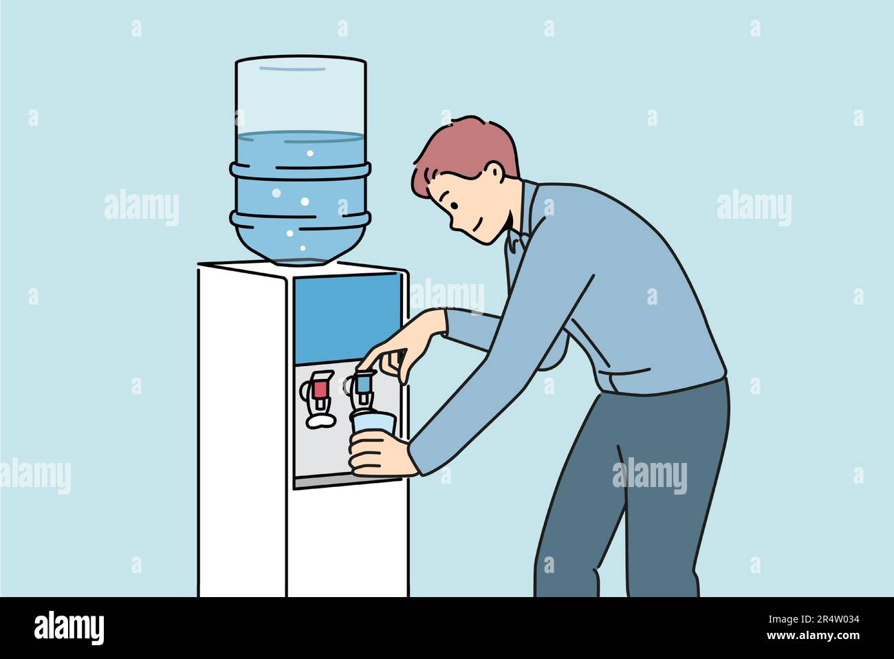 Smiling man get water in cooler in office. Male pour clean still aqua
