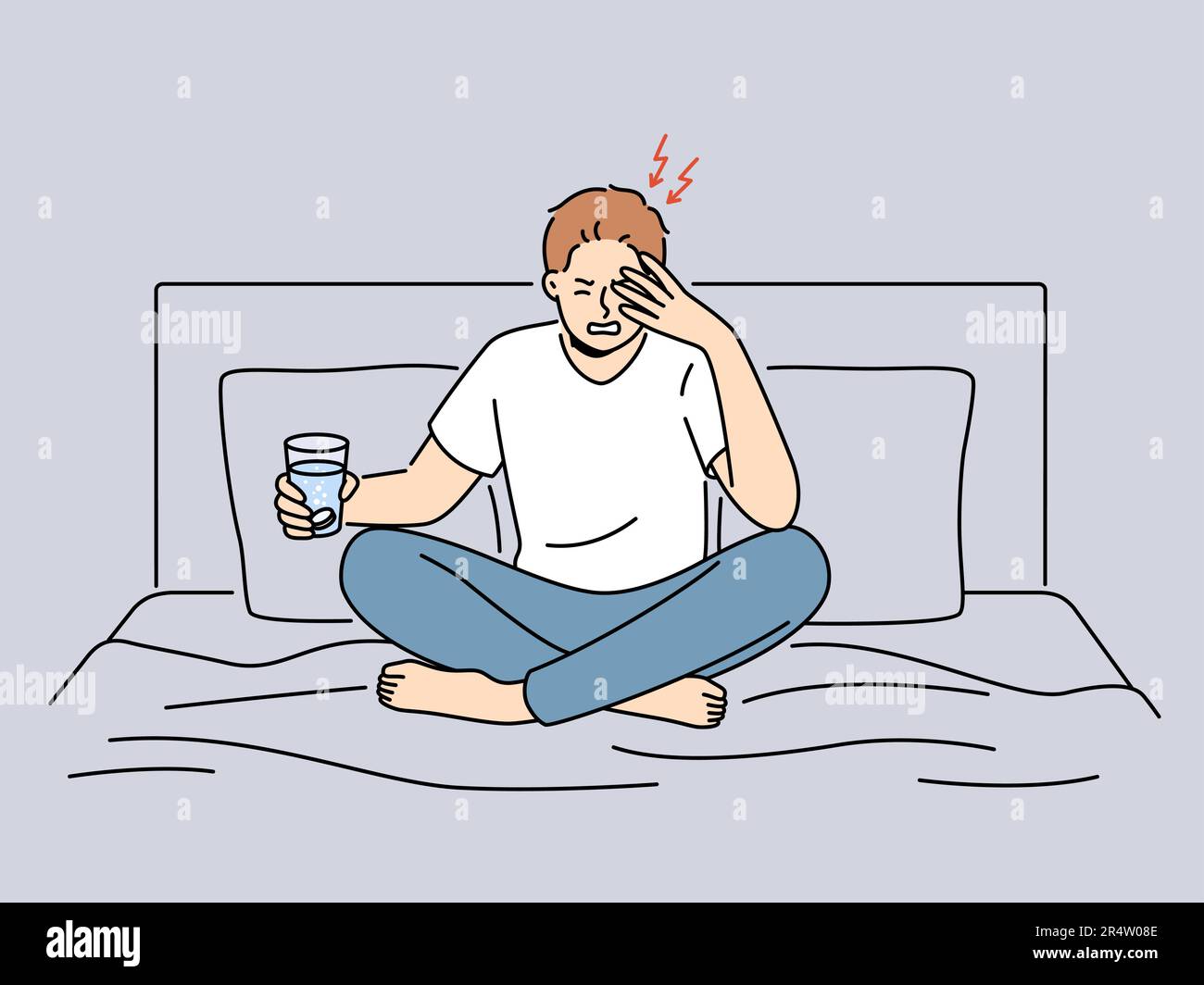 Unhealthy man sit on bed suffer from migraine holding glass of water