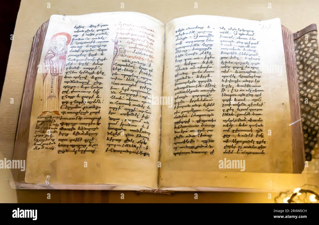 Historic Armenian books. Hovhan Mandakouni 5th century. On theater and folk singers. manuscript of 1478 Stock Photo
